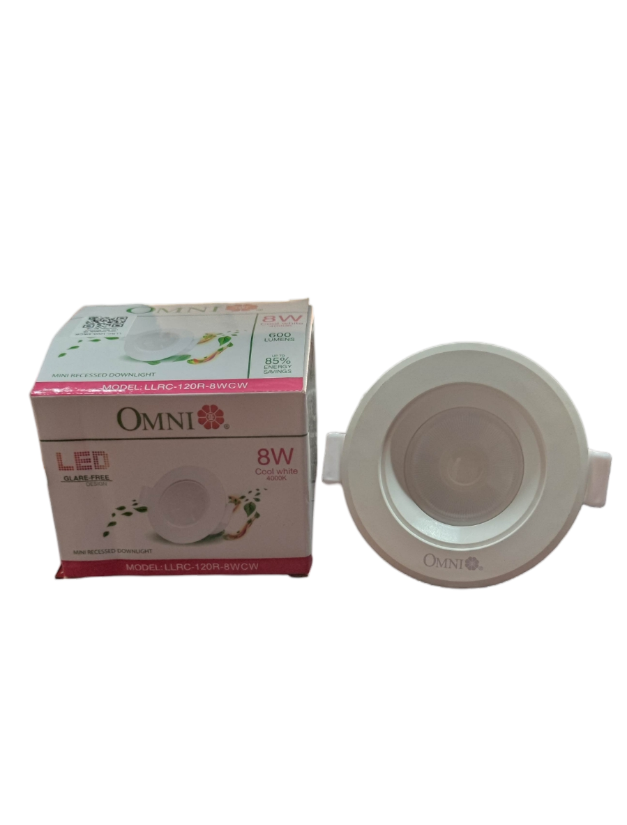 Omni 8W LED Down Light 4000K ceiling light with white round design and packaging box