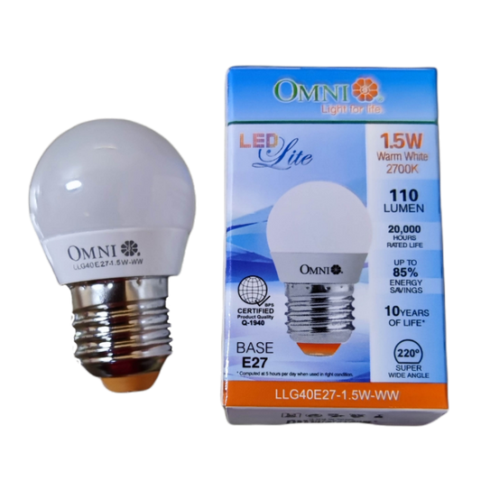 Omni energy saving LED bulb 220V with 1.5W power, 2700K warm white light, and 110 lumens output