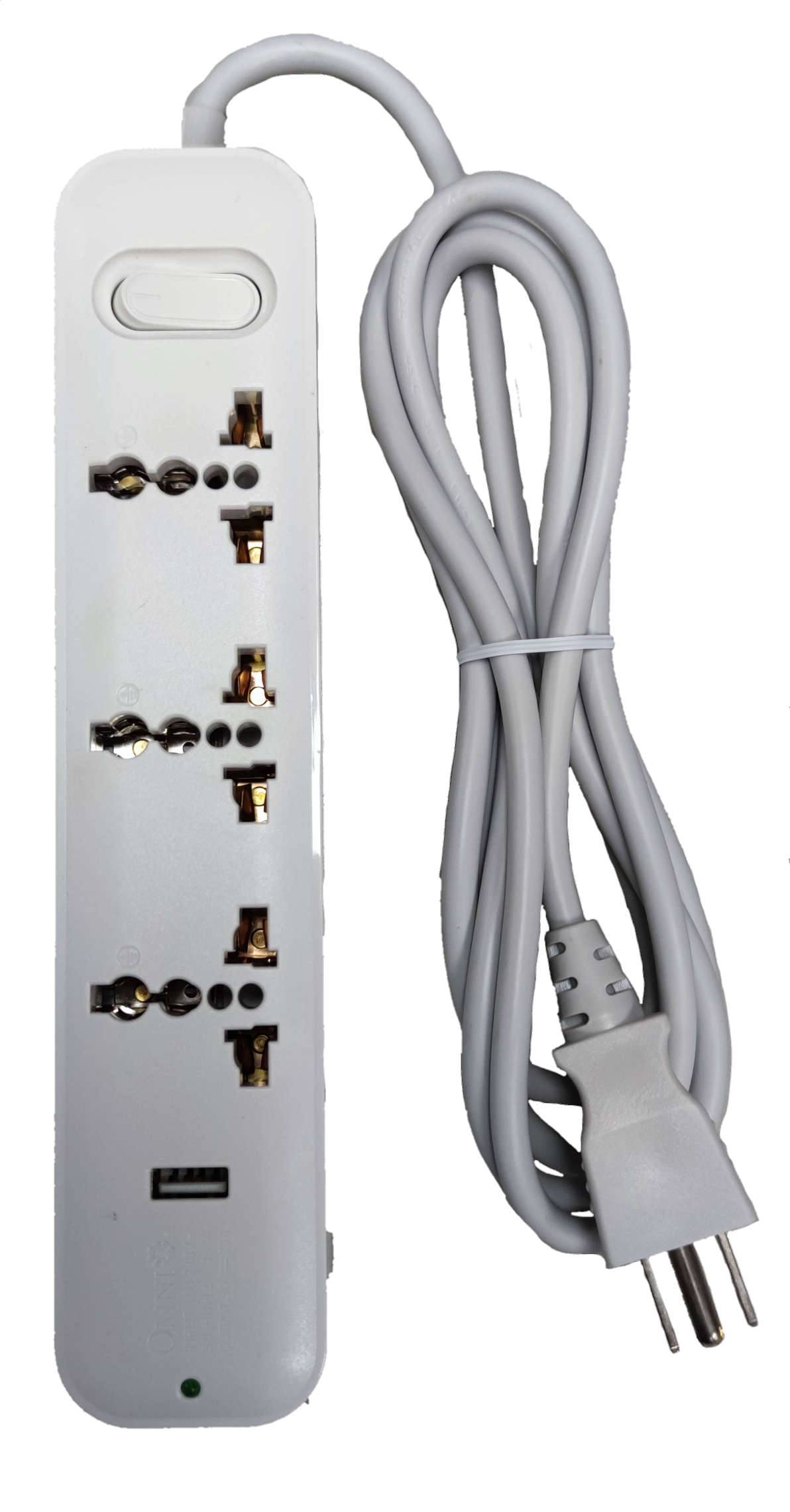 Omni extension cord with USB featuring multiple universal outlets and long white power cord