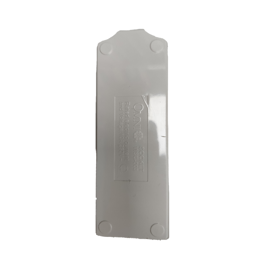 White Omni extension surface type outlet cover with embossed branding and model details