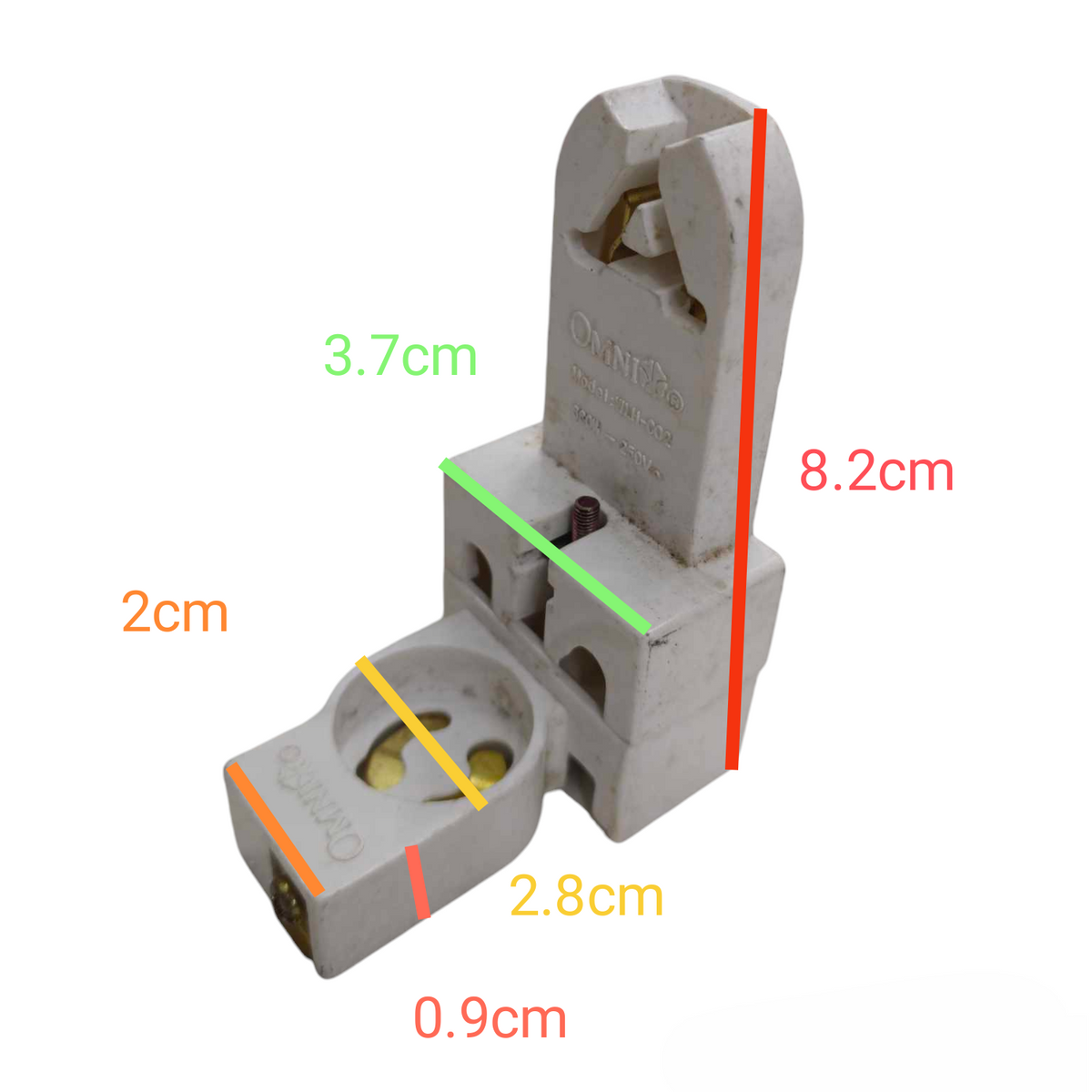 Omni Fluorescent Holder with Starter Holder white plastic lighting accessory with measurements
