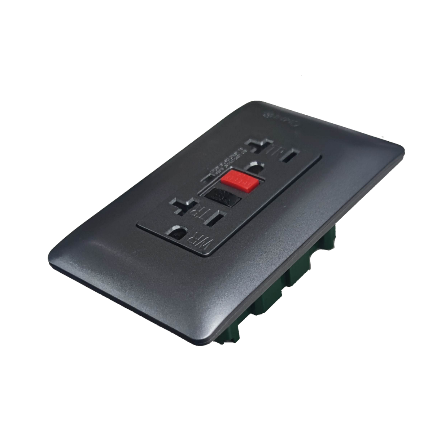 Omni GFCI 2 gang outlet 220V in sleek black design with reset button for safety