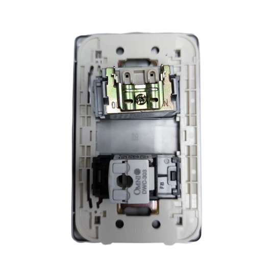 Omni graphite LAN and cable TV outlet dual module wall plate showing internal mounting frame and connectors