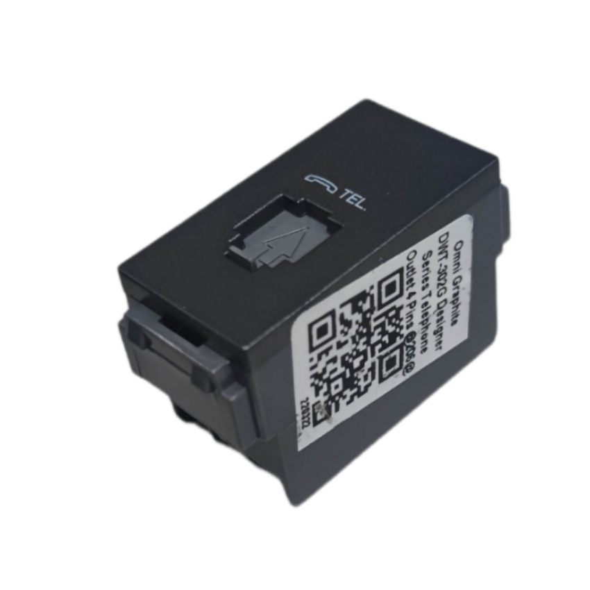 Omni graphite telephone wall jack keystone module with RJ11 port and QR code label for wall plate installation