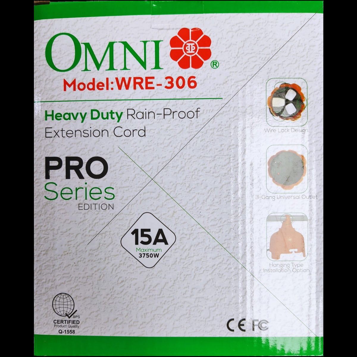 Omni heavy duty rain-proof extension cord WRE-306 model packaging with 15A maximum power rating