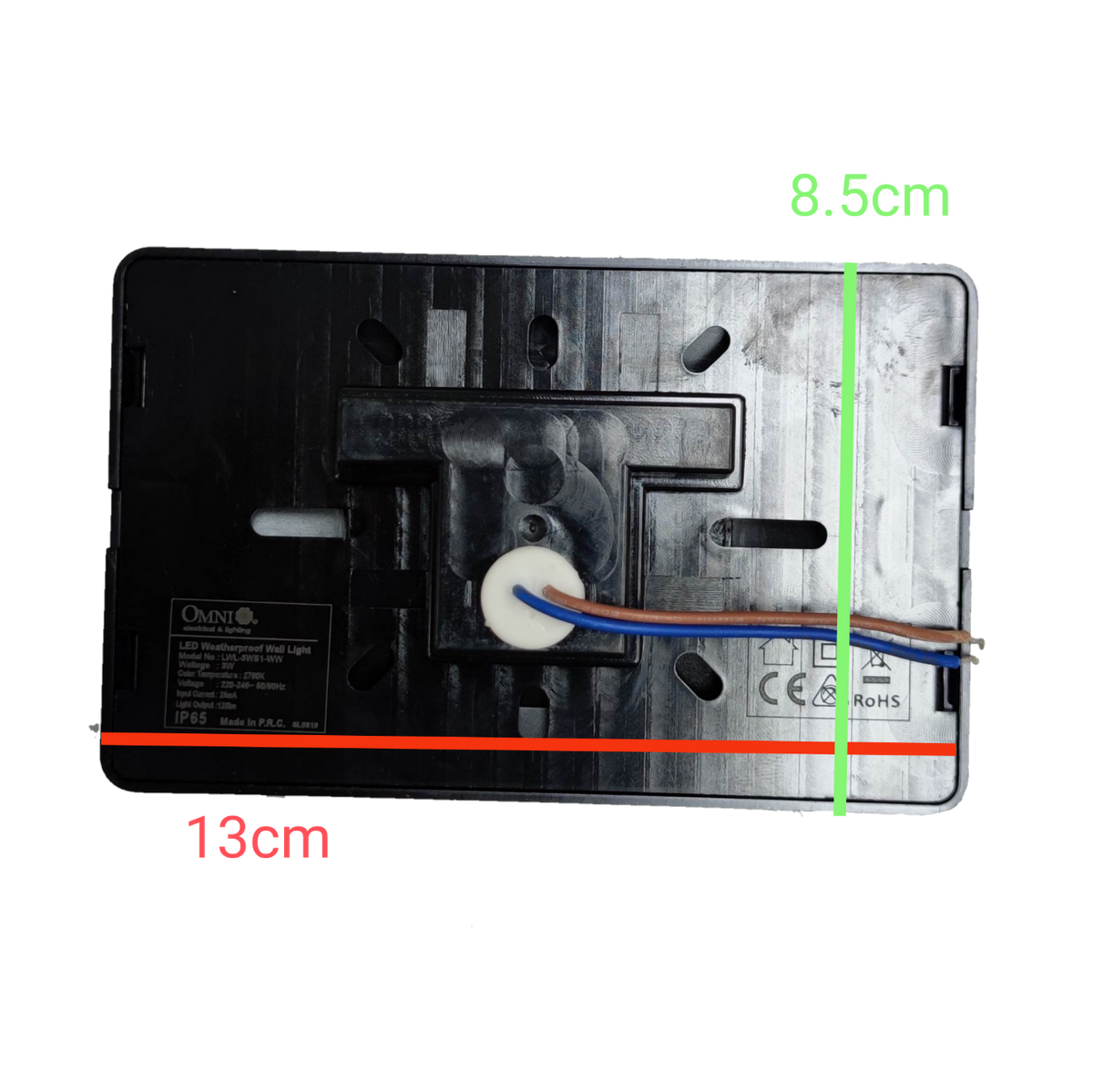 Omni LED wall light IP65 LWL-3WS1-WW back view with wiring and mounting dimensions of 8.5cm by 13cm