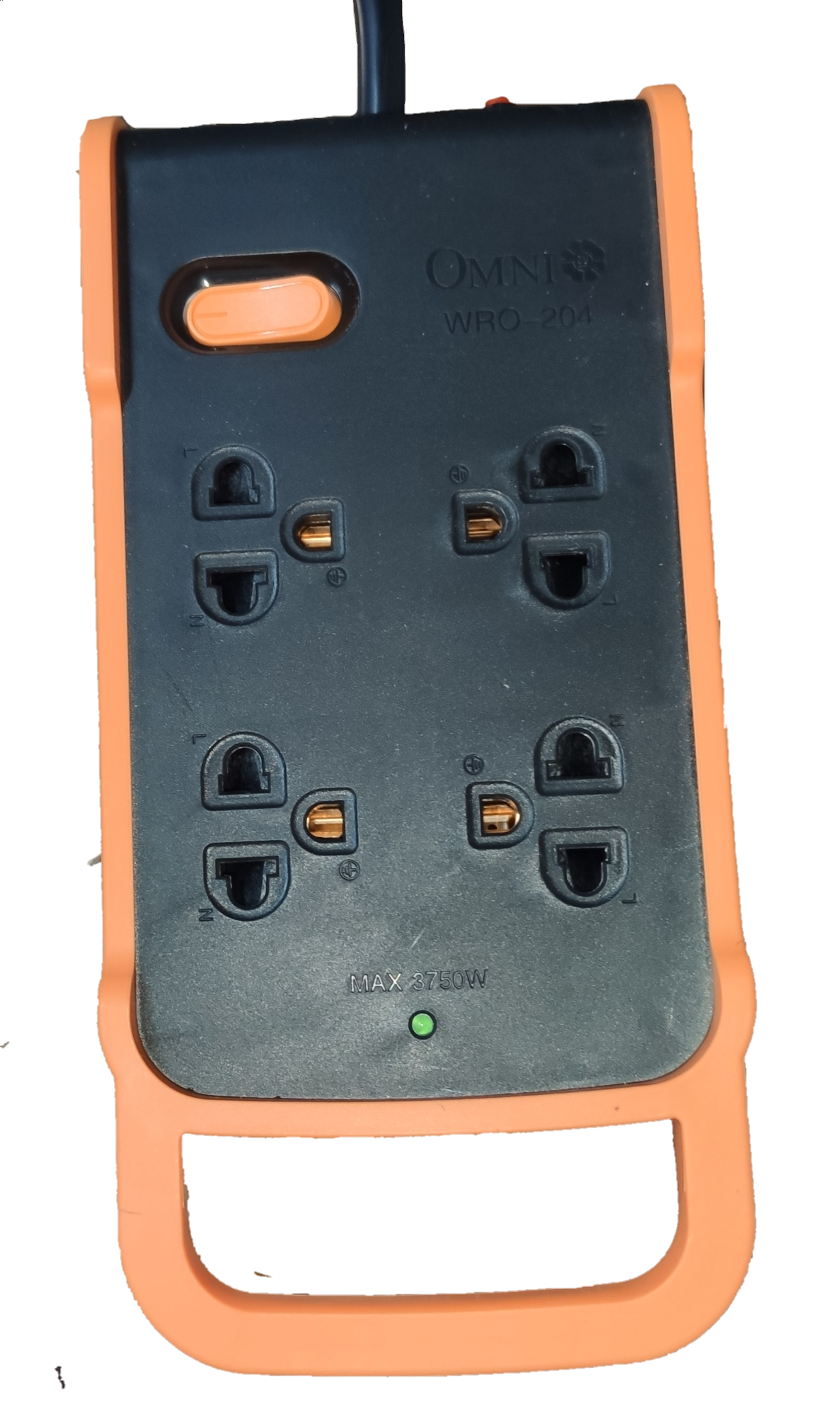 Omni multi outlet power strip heavy duty with four universal sockets and orange protective casing