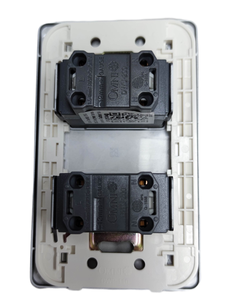 Rear view of Omni 2 gang universal outlet with two black modules and white mounting plate