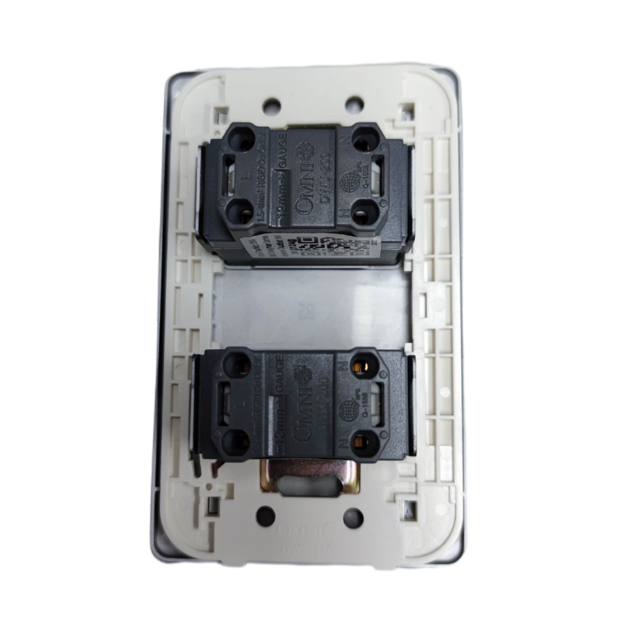 Rear view of Omni 2 gang universal outlet with two black modules and white mounting plate