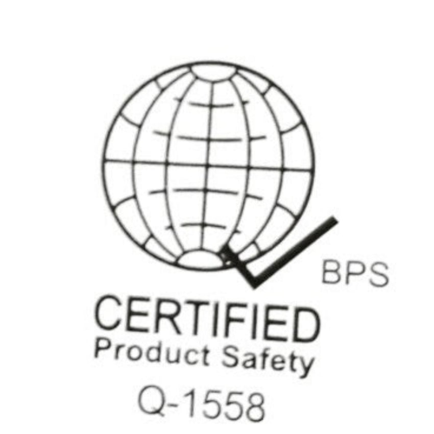Omni 3 gang universal outlet certification mark showing globe with check and text CERTIFIED Product Safety Q1558
