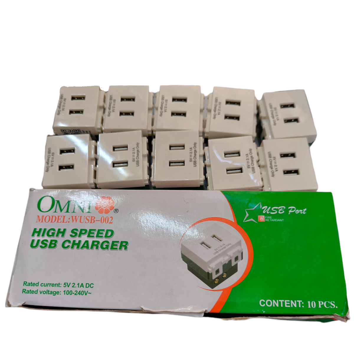 Omni USB Outlet 2 Gang 2.1A 5V WUSB-002 high speed USB charger pack of 10 white plugs