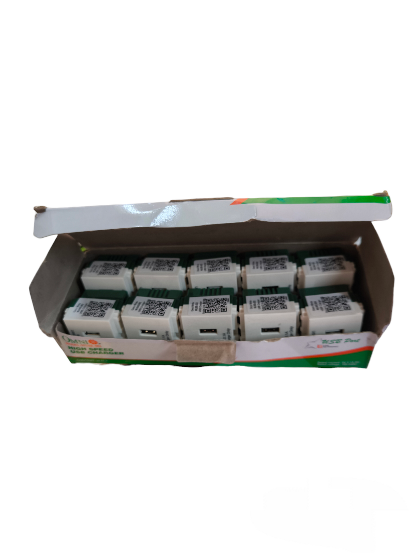 Box of Omni USB Outlet 2 Gang 2.1A 5V WUSB-002 power points switches and plugs in white