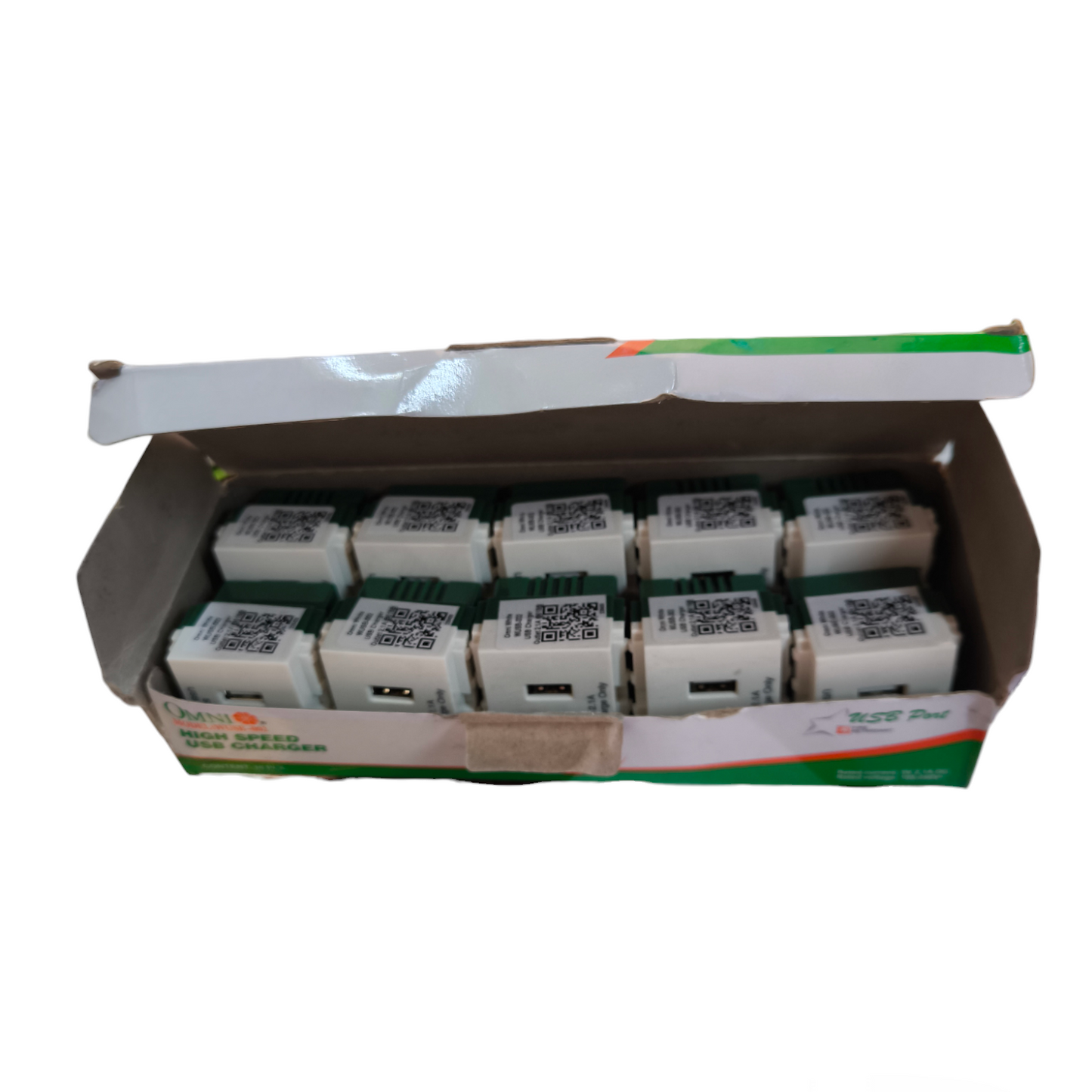 Box of Omni USB Outlet 2 Gang 2.1A 5V WUSB-002 power points switches and plugs in white