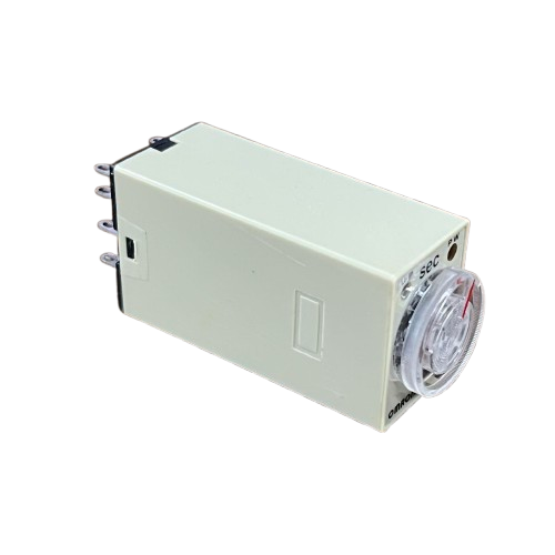 OMRON Timer Relay 30 seconds 8 pins 110V beige rectangular time delay relay with front sec dial and eight pin terminals