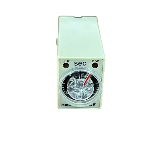 OMRON relay timer front view with sec dial and red pointer Timer Relay 30 seconds 8 pins 110V beige housing