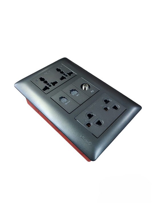 Omni combo lan telephone tv electrical outlet with multiple power points and switches in black