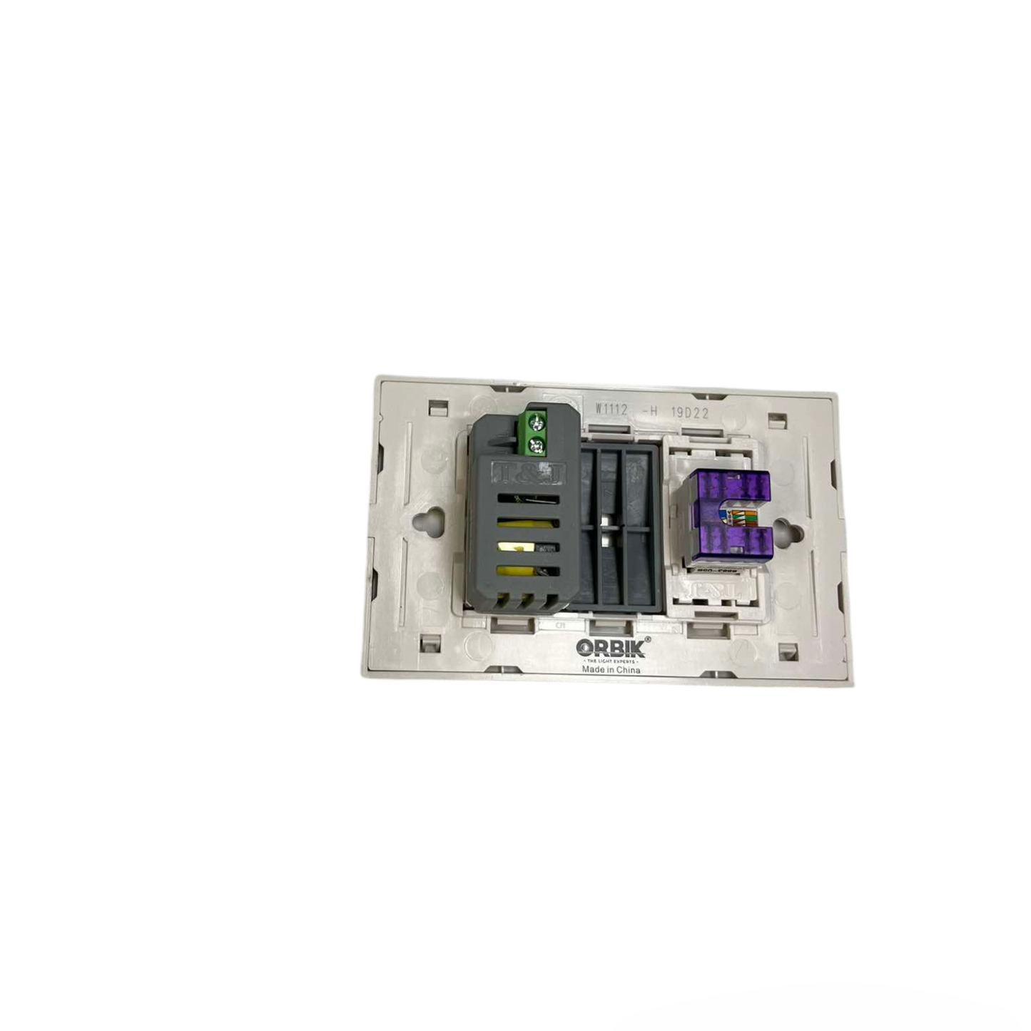 T and J 2 gang LAN outlet with USB charger rear view showing modular connectors wiring terminals and mounting plate