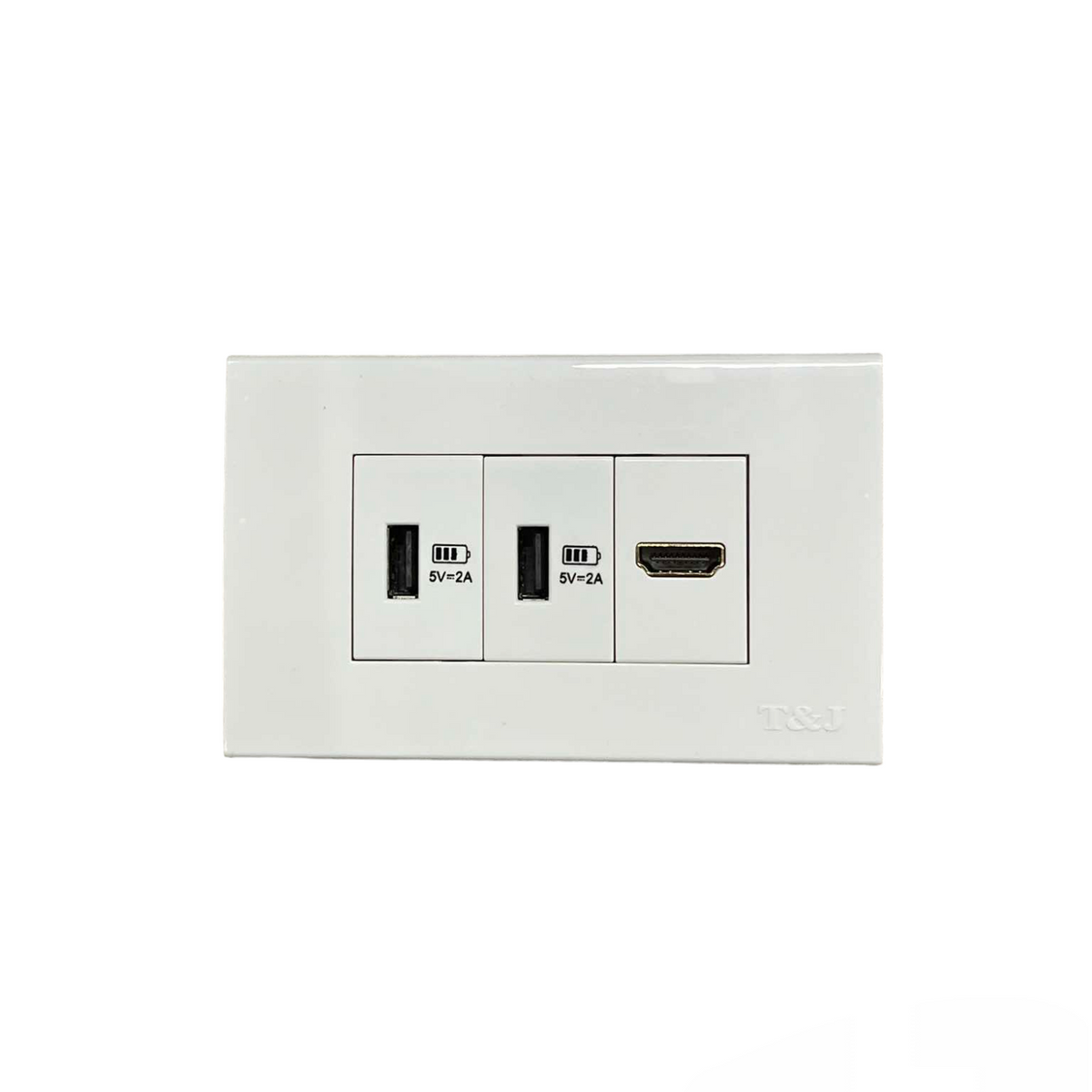 T&J wall power point with 2 x USB-A Outlet and 1 HDMI Outlet in white rectangular faceplate