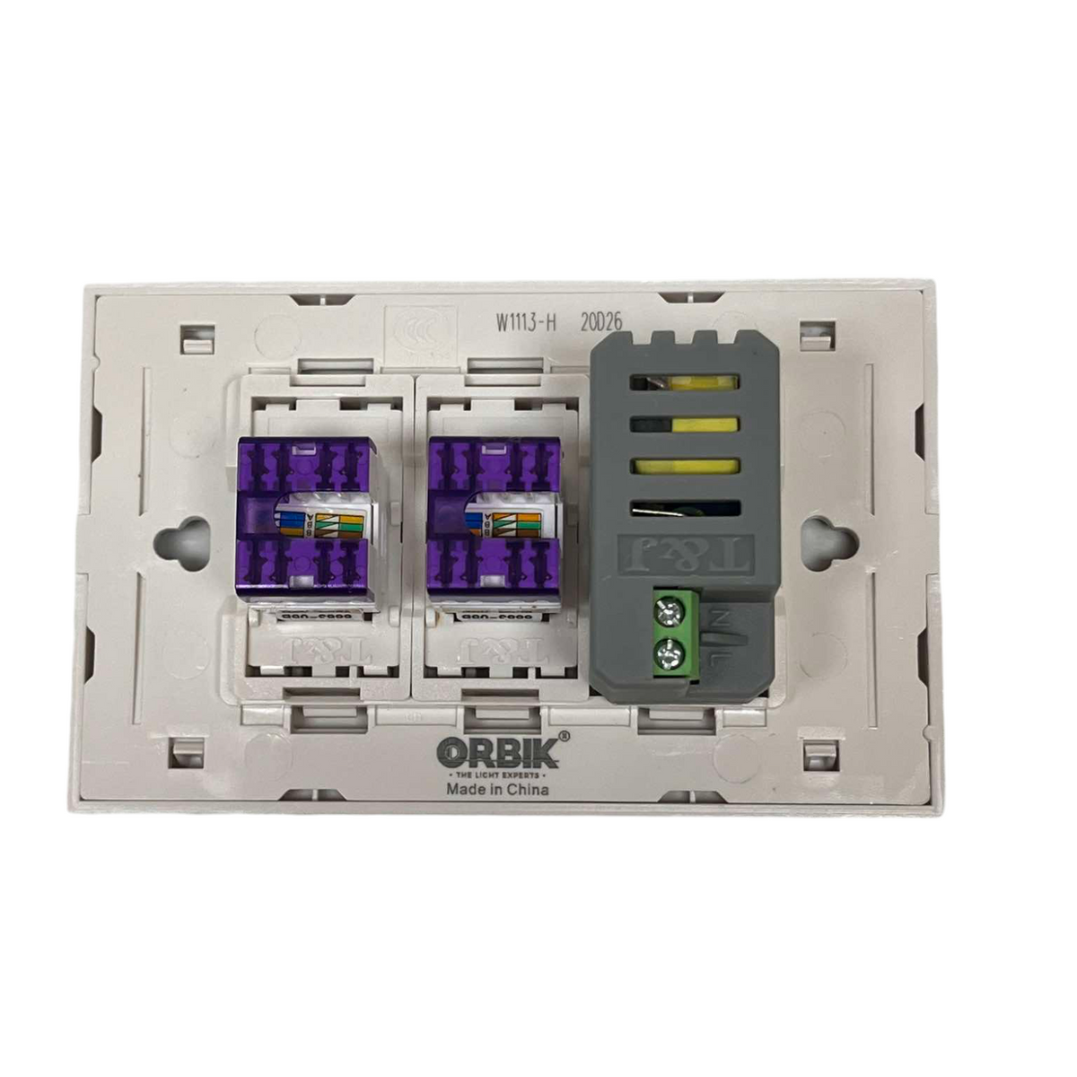 T J wall plate 3 Gang Outlet 2pcs Cat6 and USB-A. two purple Cat6 keystone jacks and USB A module