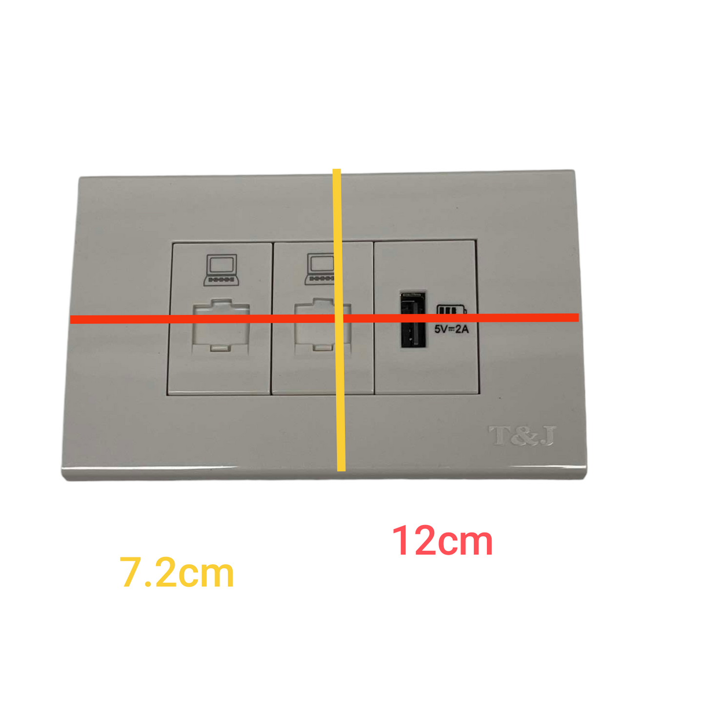 TJ stainless steel 3 gang wall plate with 2 Cat6 data jacks and dual USB A charging ports 3 Gang Outlet 2pcs Cat6 and USB-A.