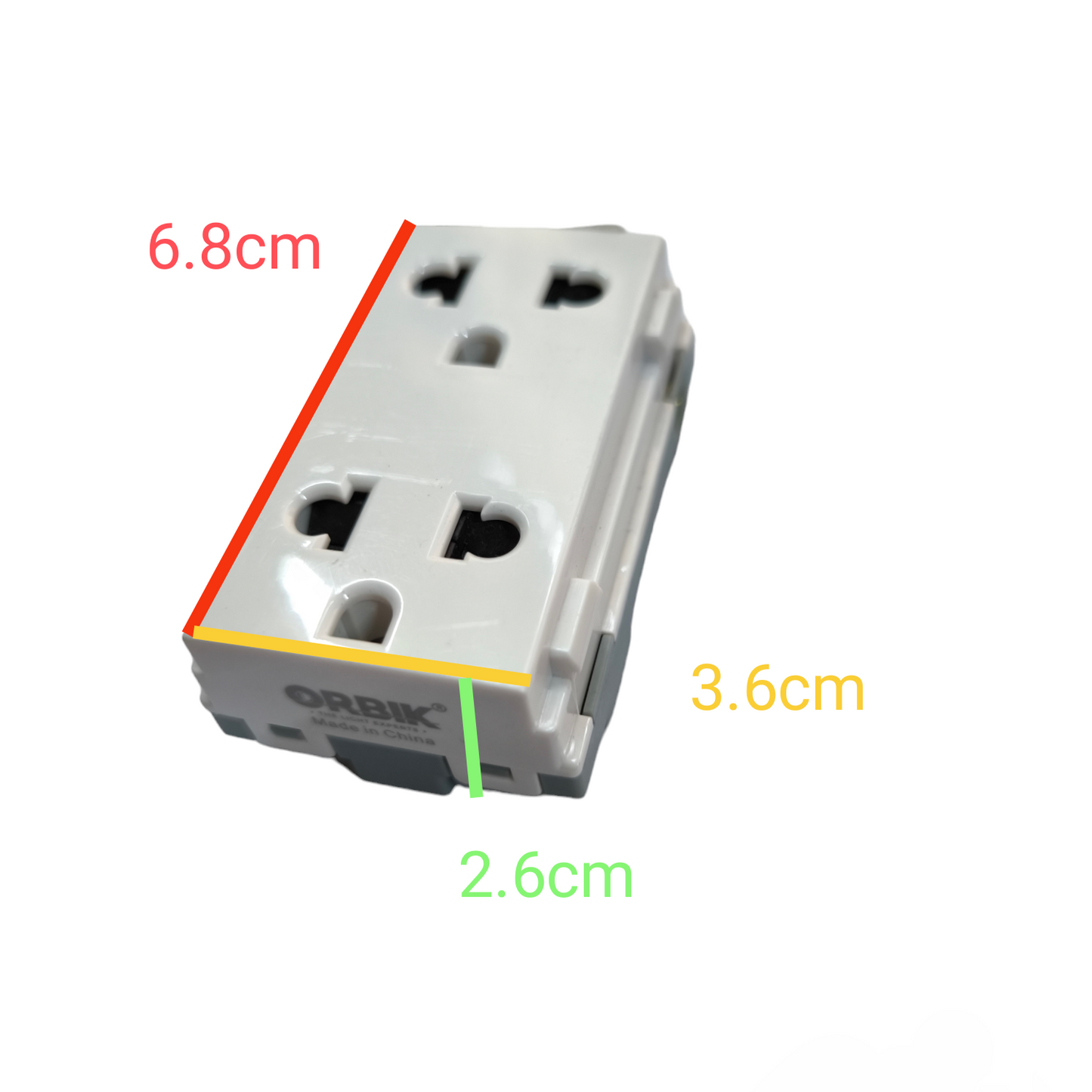 T&J Duplex Outlet Device with Ground 16A showing dimensions 6.8 cm by 3.6 cm by 2.6 cm