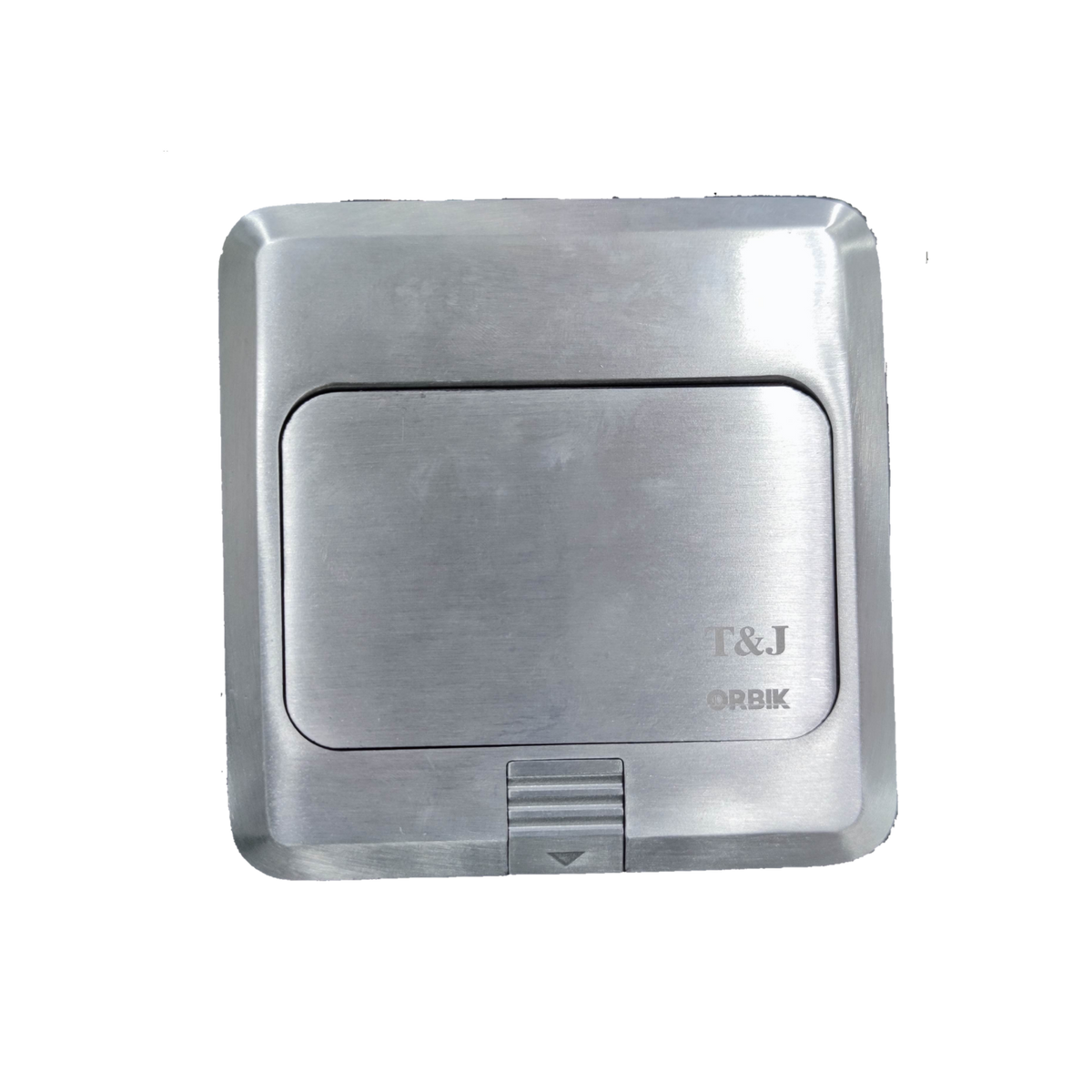 T&J Floor Outlet Pop-up 2 Gang USB Outlet in brushed metal finish with closed lid