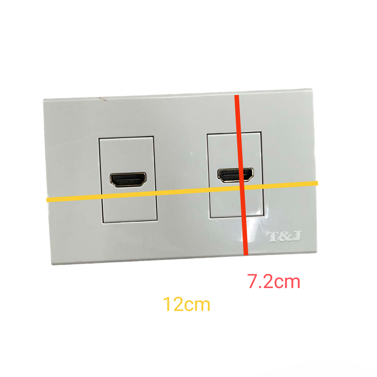 T&J HDMI Outlet with Plate Cover dual ports in white for wall installation with dimensions