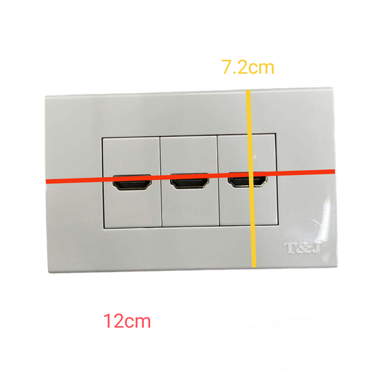 T&J HDMI Outlet with Plate Cover showing three HDMI ports on a white wall plate with dimensions