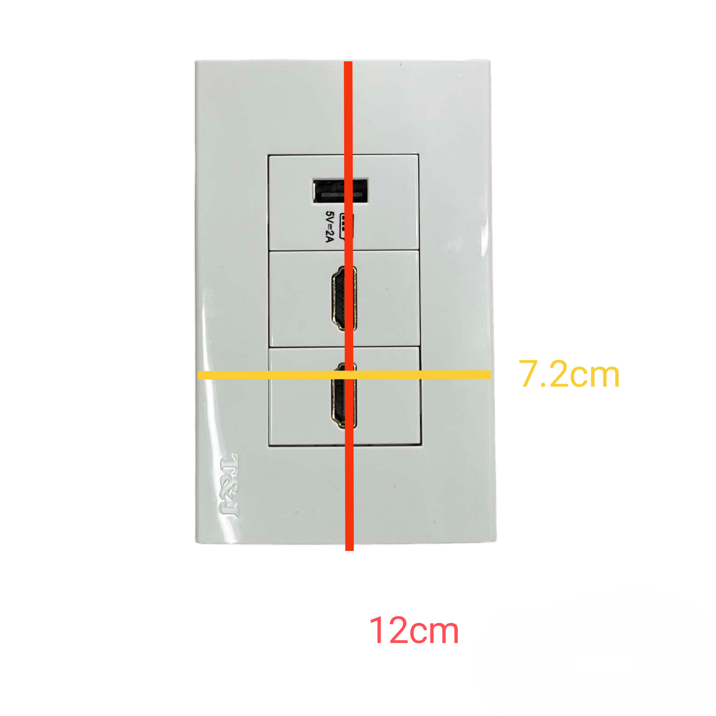 T&J 3 Gang Outlet with 2 HDMI Outlet and 1 USB-A Outlet in white wall plate design