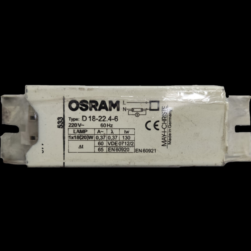 Osram 18W magnetic ballast by May & Christie, designed for efficient electrical circuit performance.