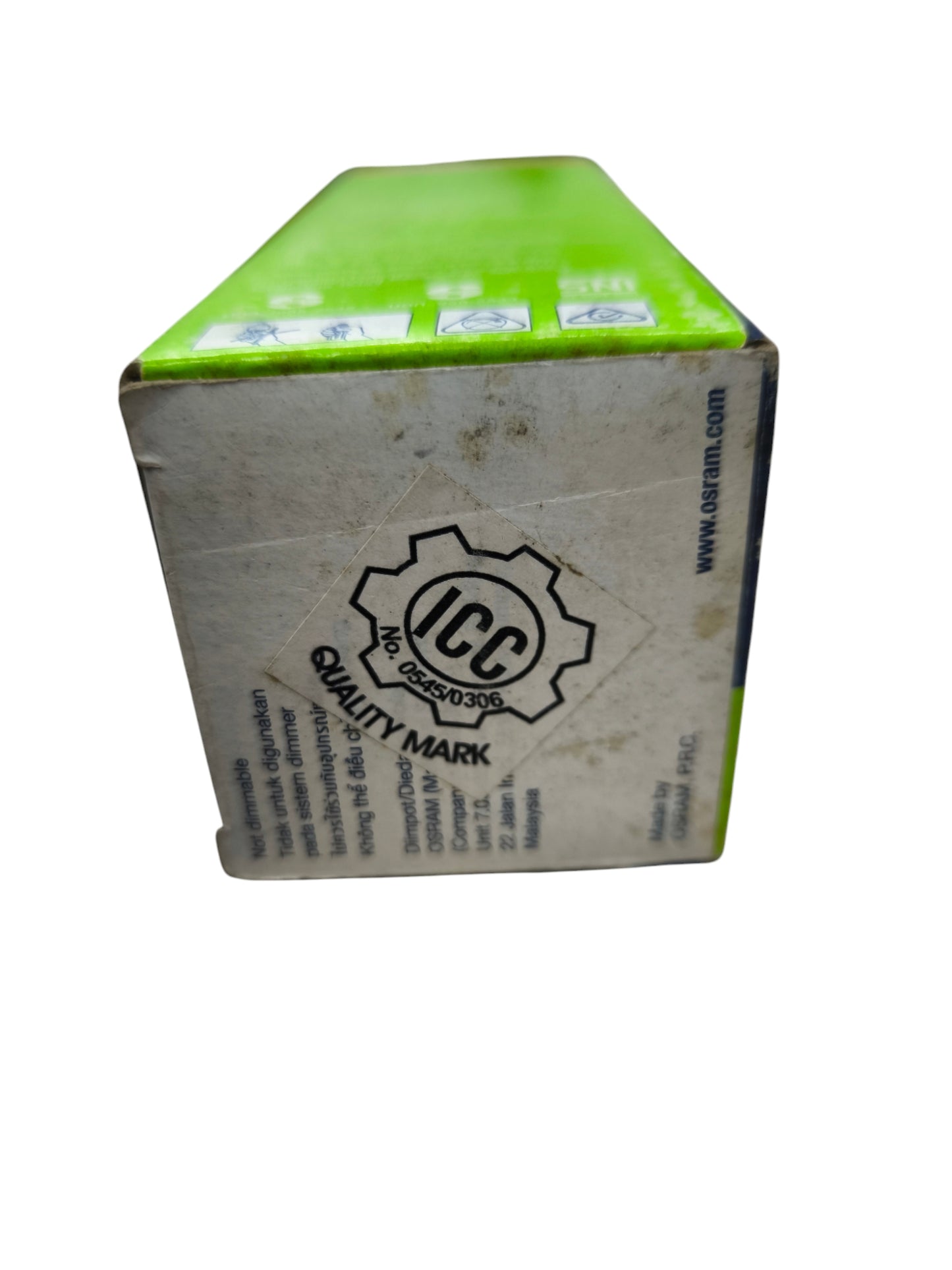 Osram Compact Fluorescent Lamp 11W E27 packaging box showing quality mark label