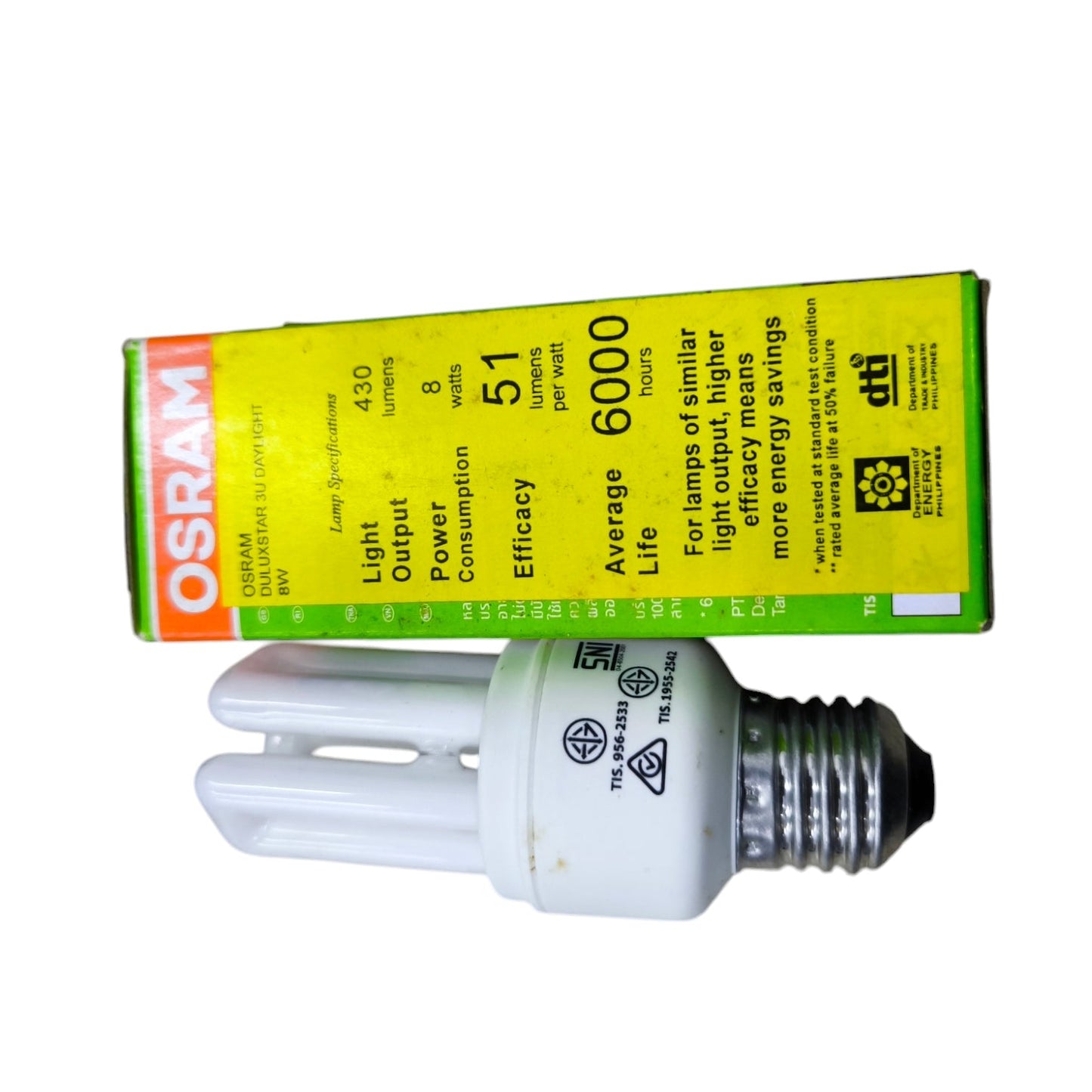 Osram Compact Fluorescent Lamp 11W E27 with energy-saving design and yellow product box