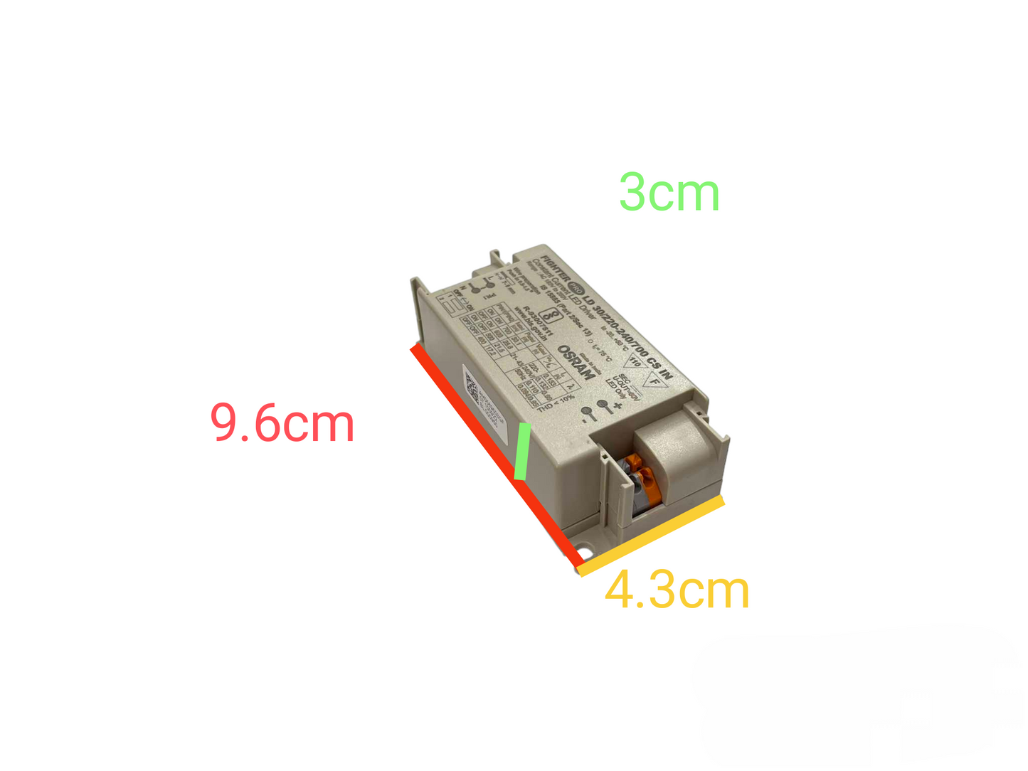 Osram Figher Pro LED power supply with compact dimensions of 9.6 by 4.3 by 3 centimeters