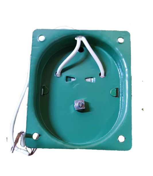 Green 220V metallic buzzer for door chimes and bells with white wiring and mounting holes