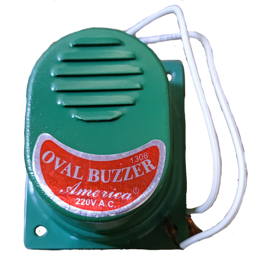 Green 220V metallic buzzer door chime with white wires and America brand label