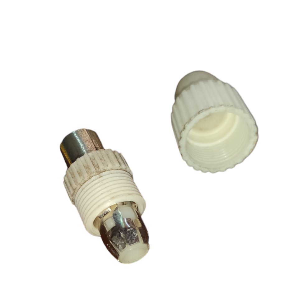 Local brand PAL Plug Connector with white plastic casing and metal tip for electrical circuitry