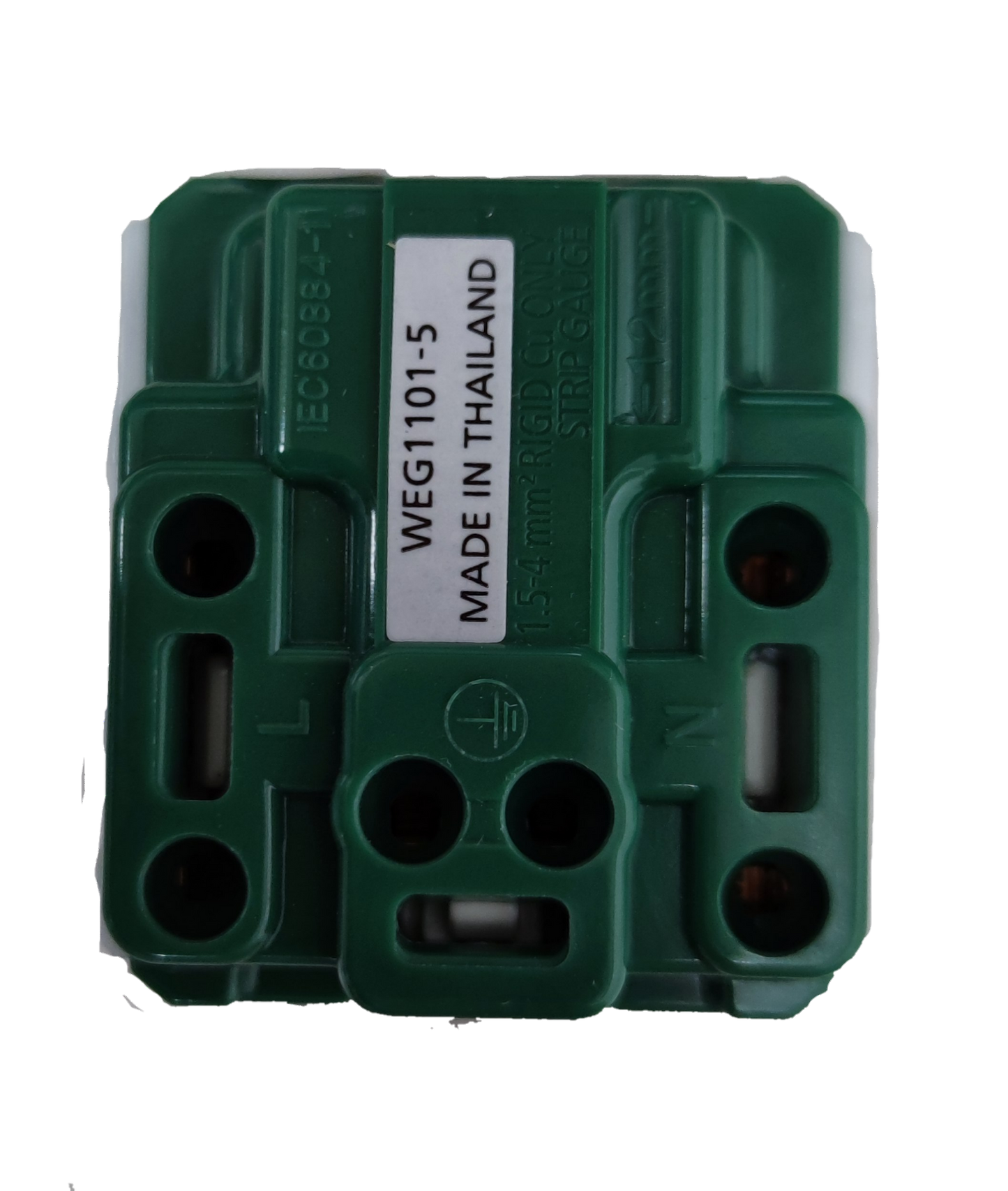 Panasonic green wiring module for 16A 250V flat pin outlet with ground. Internal terminals labeled L N