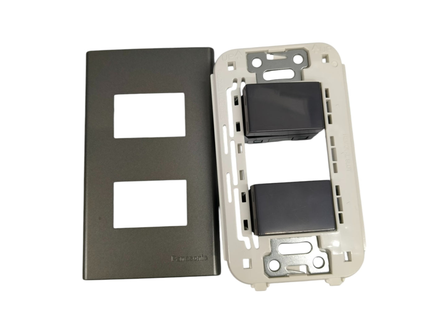 Panasonic 2 gang combination switch with black cover plate and white mounting frame