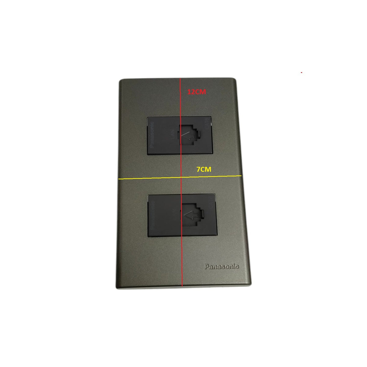 Panasonic 2 gang data outlet with two black Ethernet ports on a gray wall plate
