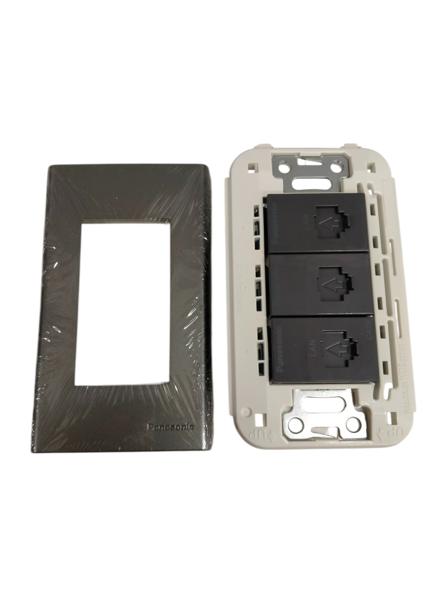 Panasonic 3 Gang CAT6 Data Modular Jack with black cover and white mounting frame for power points and switches