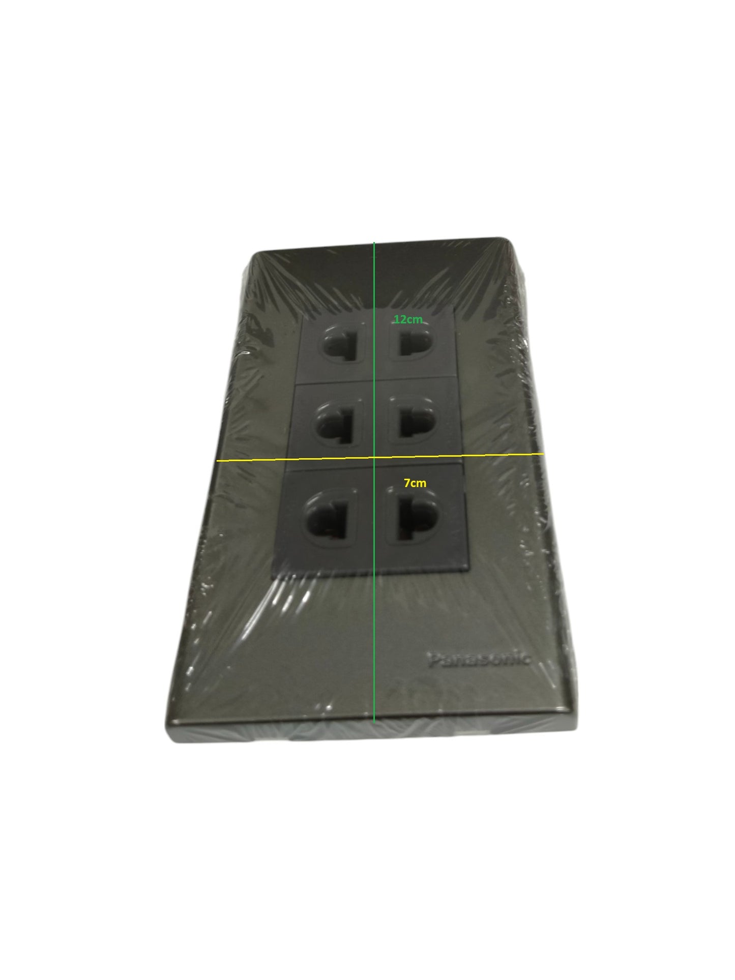 Panasonic 3 gang universal outlet with black finish and three plug sockets in a rectangular frame