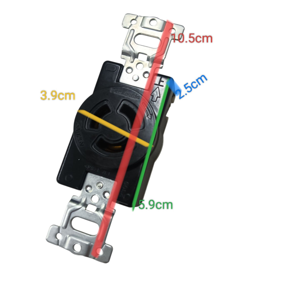 Panasonic black 3 Pole twistlock outlet for panel board 125V. mounted receptacle with steel mounting brackets and measurements