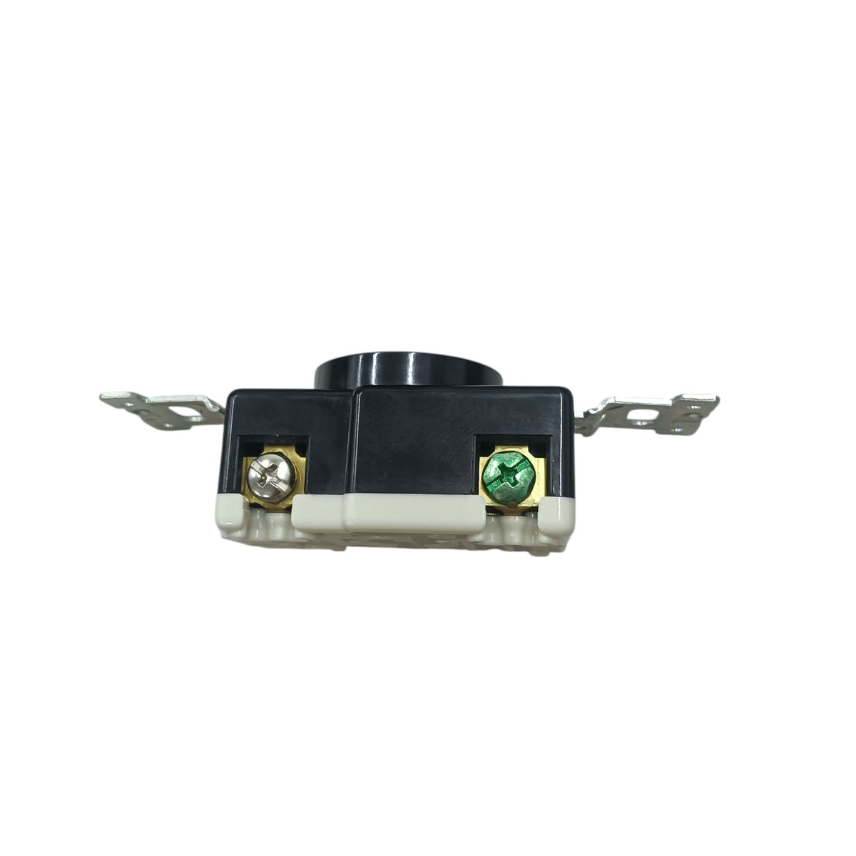 Panasonic 3 Pole twistlock outlet for panel board 125V. Black and white panel mount receptacle with brass and green terminals