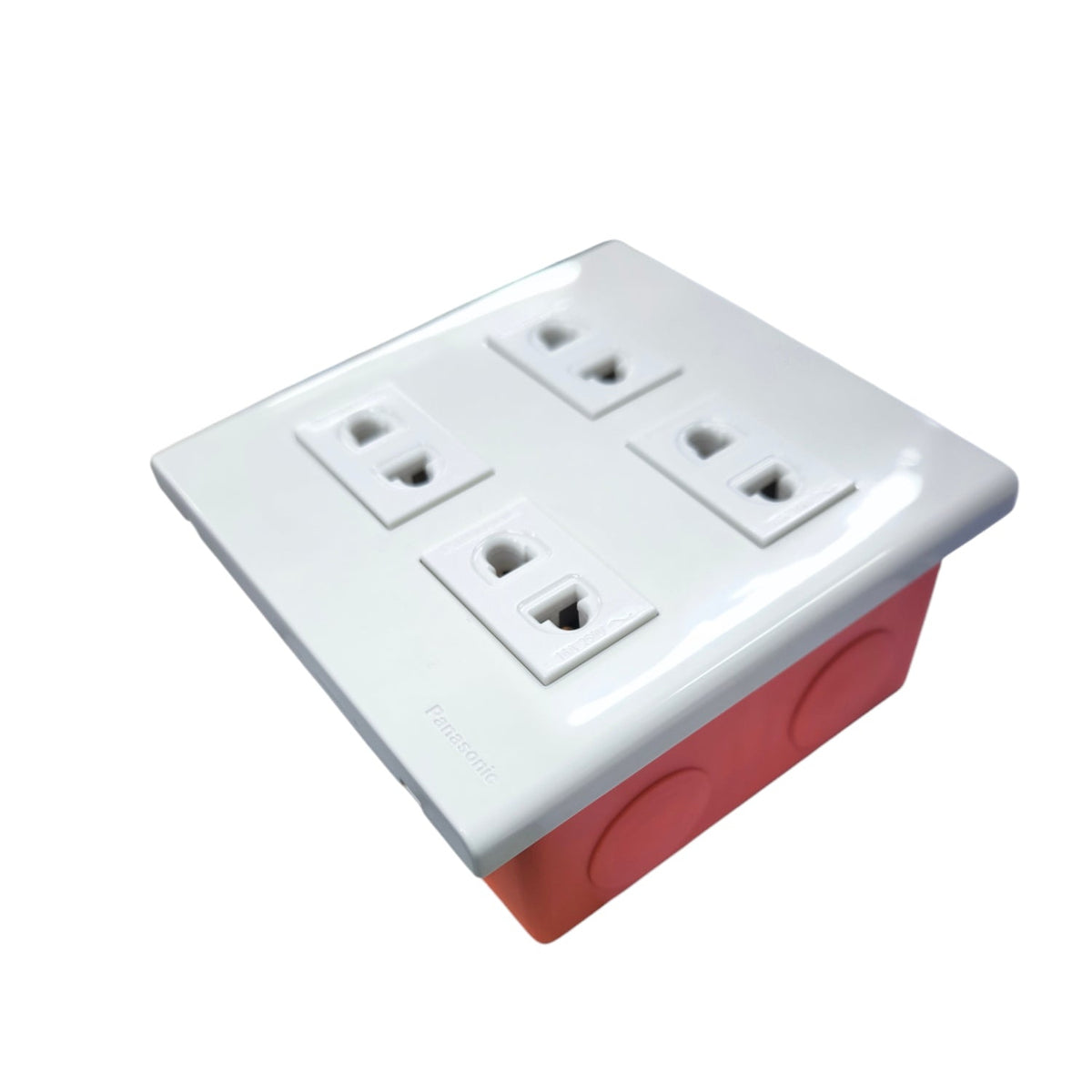 Panasonic 4 gang universal outlet with white faceplate and red mounting box for electrical power points