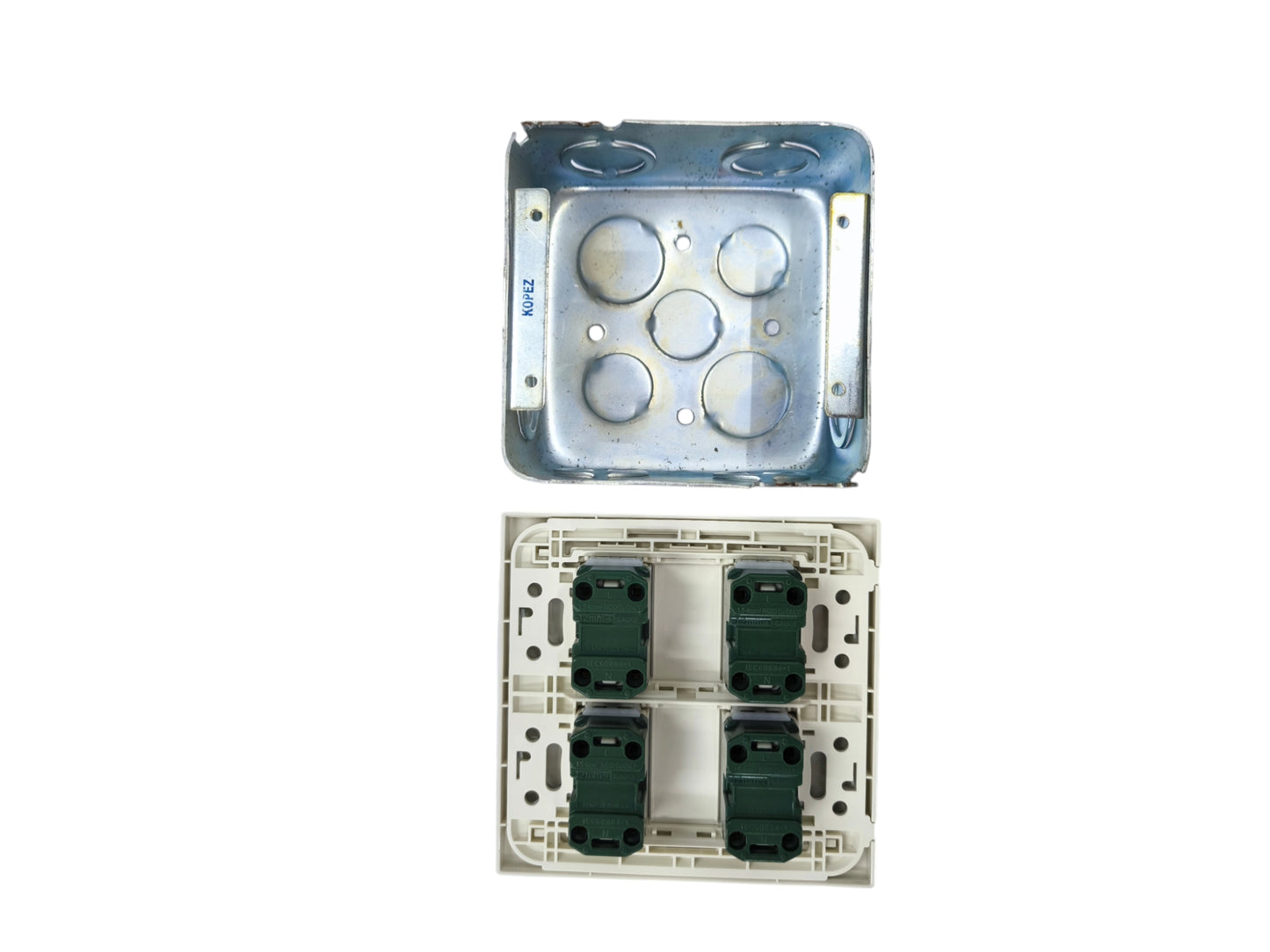 Panasonic 4 gang universal outlet frame and mounting bracket in white and metal components