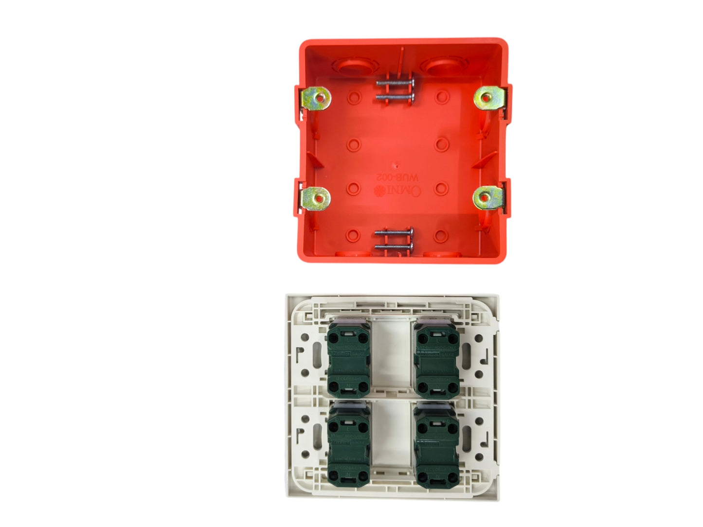Panasonic 4 gang universal outlet internal components showing wiring and mounting parts