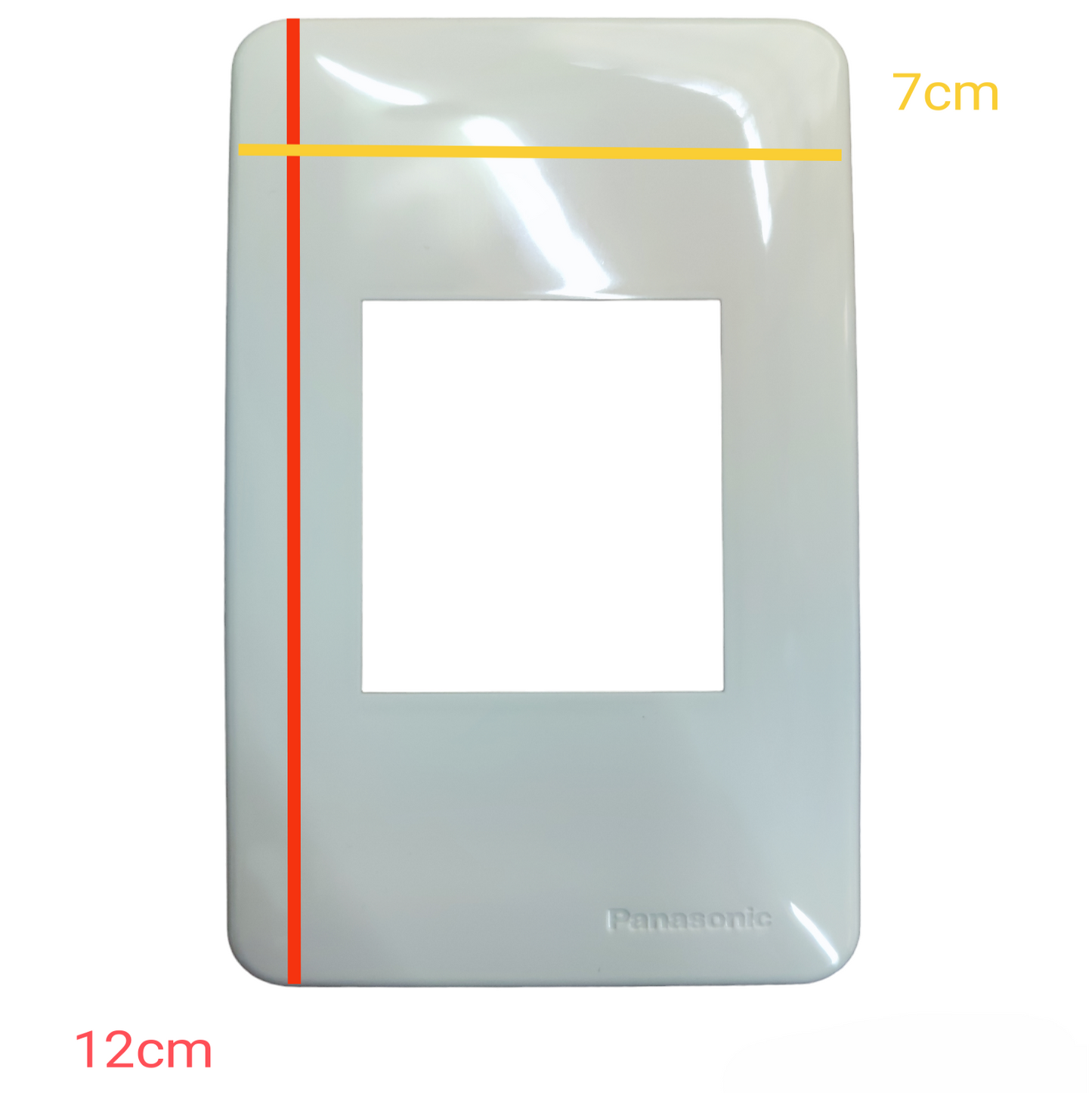 White Panasonic device plate cover for power points switches and plugs measuring 12 by 7 cm