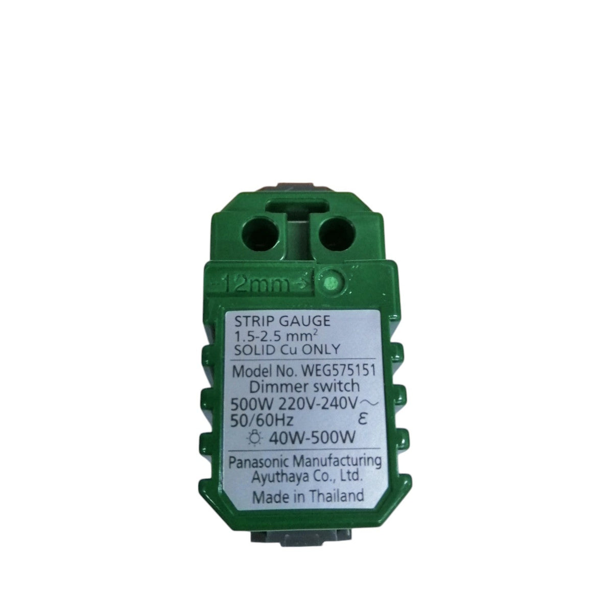 Panasonic Dimmer Switch green lighting installation accessory with model and electrical specifications label