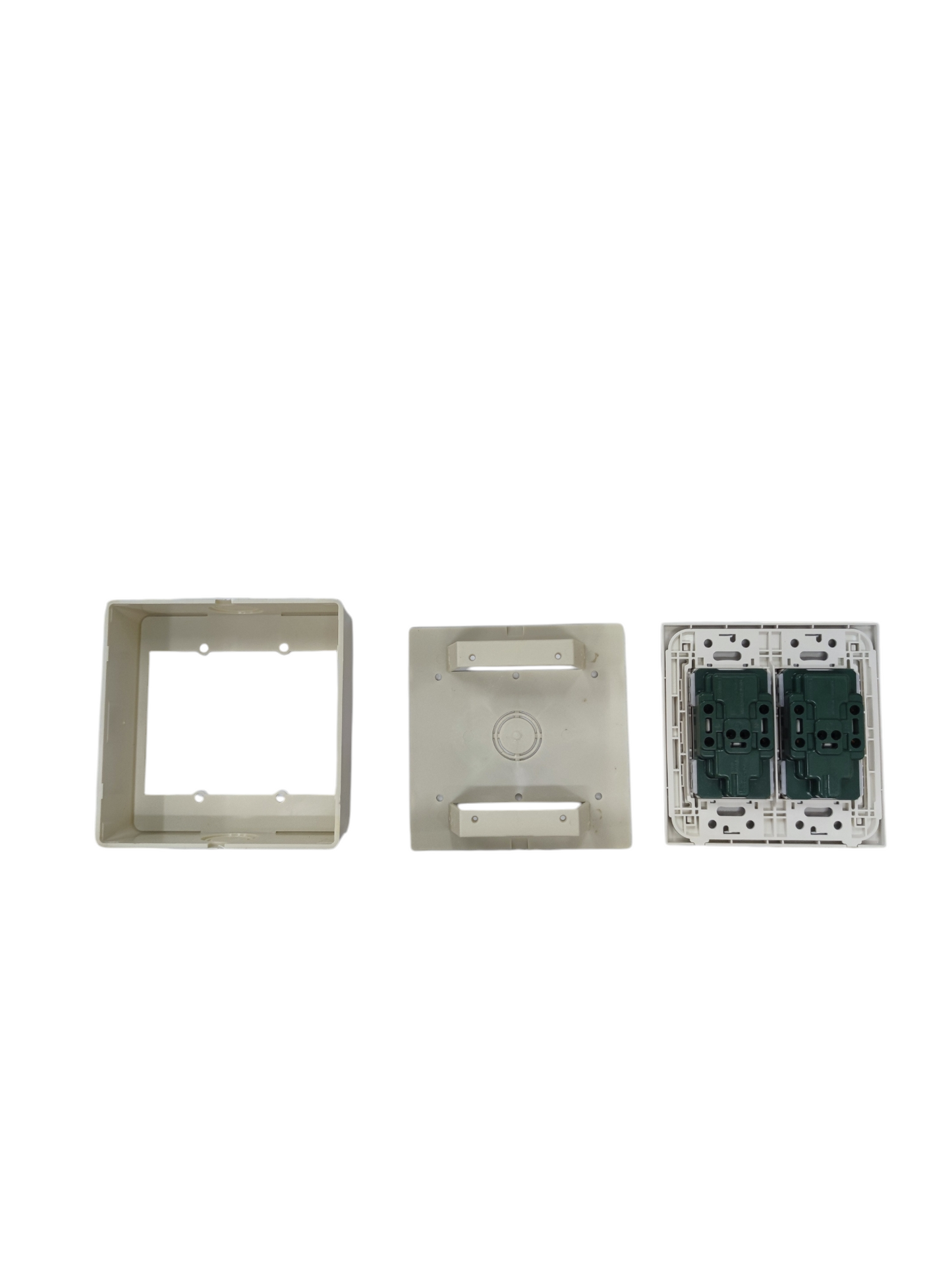 Duplex socket outlet with ground 16A disassembled showing frame, cover, and internal switch components