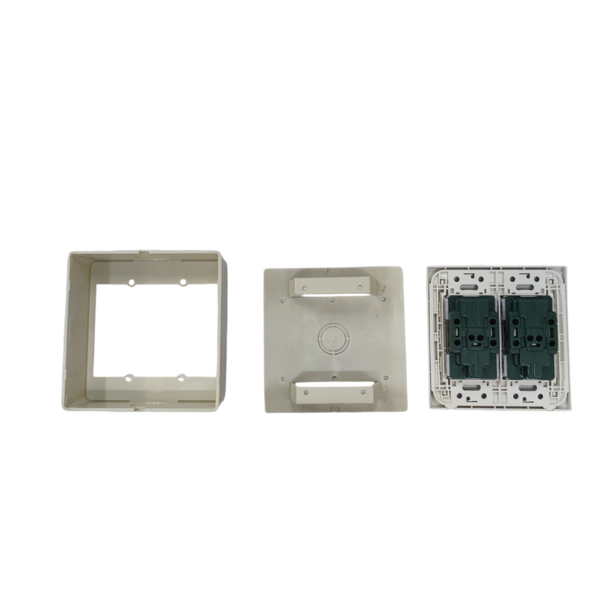 Duplex socket outlet with ground 16A disassembled showing frame, cover, and internal switch components